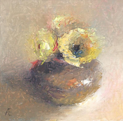 Anneke Elhorst, Gele bloemen, 240 euro, Olieverf op paneel, 12x12x2,5 cm