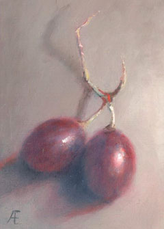 Anneke Elhorst, Twee rode druiven, 240 euro, Olieverf op paneel zonder lijst, 10x15x2,5 cm