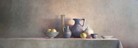 Anneke Elhorst, Stilleven met citroenen, 2800 euro, Olieverf op doek zonder lijst, 50x140x5 cm