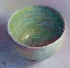 Anneke Elhorst, Groen schaaltje, 195 euro, Olieverf op paneel zonder lijst, 10x10 cm