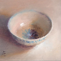 Anneke Elhorst, Wit met Blauw schaaltje, 240 euro, Olieverf op hout zonder lijst, 12x12 cm