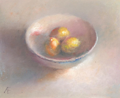 Anneke Elhorst, Schaalt met citroenen, 325 euro, Oliever op paneel zonder lijst, 15x18x3 cm