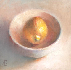 Anneke Elhorst, Schaaltje met citroen, 240 euro, Oliever op paneel zonder lijst, 12x12x3 cm