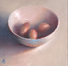 Anneke Elhorst, Drie Sjalotten, 295 euro, Olieverf op paneel zonder lijst, 15x15x3 cm