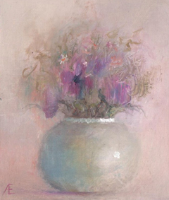 Anneke Elhorst, Viooltjes, 270 euro, Olieverf op paneel zonder lijst, 15x12x3 cm