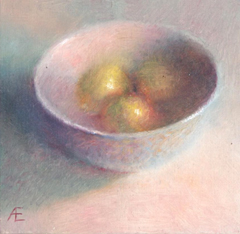 Anneke Elhorst, Citroentjes, 295 euro, Olieverf op paneel zonder lijst, 15x15x3 cm