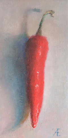 Anneke Elhorst, Rode peper, 220 euro, Olieverf op paneel zonder lijst, 15x7x3,5 cm