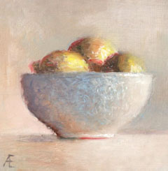 Anneke Elhorst, Schaaltje met citroenen, 240 euro, Olieverf op paneel zonder lijst, 12x12x3,5 cm