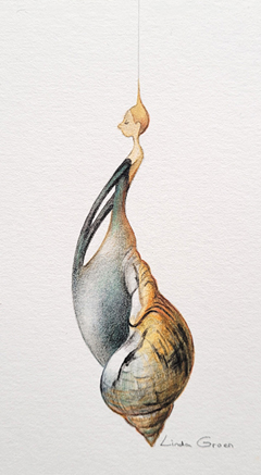 Linda Groen, Schelpenvrouw, 200 euro, Aquarel met kleurpotlood in lijst, 15x10 cm zonder lijst en 33x20 met lijst