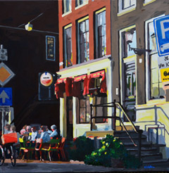 H.J. Hofstra, Café de Magere brug Amsterdam, Acryl op doek, 75x75 cm, €.1950,-