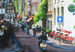 H.J. Hofstra, Amsterdams straatje met scooter, Acryl op doek, 70x100 cm, €.2250,-