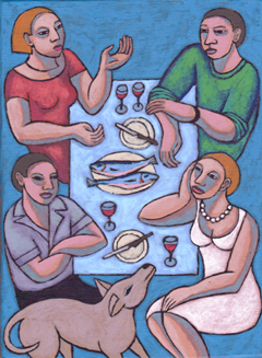 Aline Jansma, Makreel en rode wijn, Olieverf op paneel, 26x19 cm, €.275,-