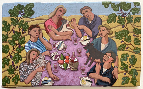Aline Jansma, De Italiaanse Maaltijd, 475 euro Olieverf op paneel met witte baklijst, 21x24,5 cm