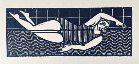 Aline Jansma, Zwemster 1 , 150 euro, Linoleumdruk in zwarte lijst, 20x33 cm