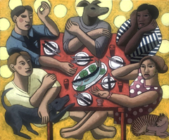 Aline Jansama, Avondmaal met Christoffel, 400 Euro, Olieverf op paneel in zwarte baklijst, 25x30 cm