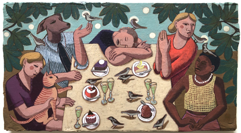 Aline Jansma, Het Feestelijke Gebak, 450  Euro, Olieverf op paneel in zwarte baklijst, 22x39 cm