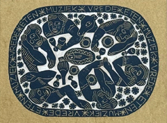 Aline Jansma, Vrede eten en muziek, 150 euro, Lino in witte lijst, 24x30 cm