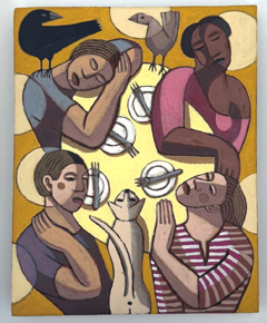 Aline Jansma, De zon-het terras-het gesprek, 250 euro, Olieverf op paneel in withouten baklijst, 20x16 cm ex lijst 