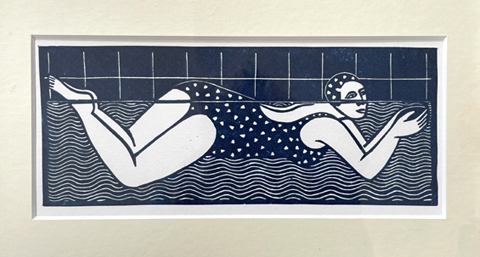 Aline Jansma, Zwemmer 3, 150 euro, Lino druk in oplage van 25 in zwarte lijst, 22x32 cm