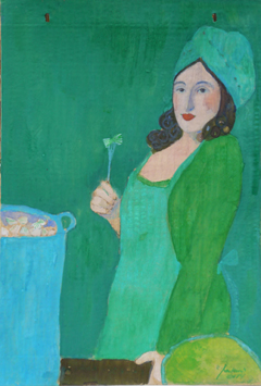 Elisabeth Jonkers, Envelop 2 groene dame, Olieverf bruine envelop, 36x24 cm, €.125,-