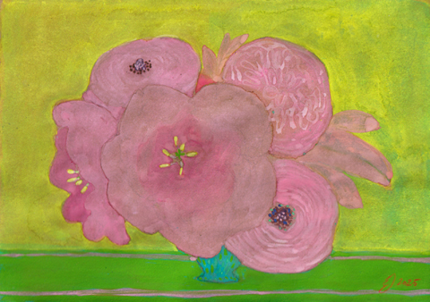 Elisabeth Jonkers, Flowers 2 geel, 175 euro, Gemengde techniek op papier in houten lijst, 21x30 cm