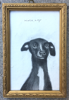 Koos ten Kate, Hond, Tekening met potlood, houtskool en acryllak in lijstje, 15x10 cm, €.50,-