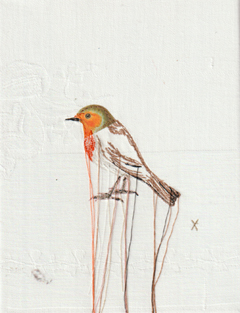 Judith Koning, Roodborstje, 125 euro, Gemengde techniek op damast zonder lijst, 24x18 cm