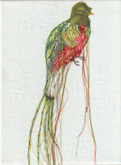 Judith Koning, Quetzal, 125 euro, Gemengde techniek op vintage damast zonder lijst, 23x18 cm