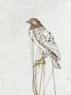 Judith Koning, Buizerd, 125 euro, Gemengde techniek op vintage damast zonder lijst, 23x18 cm