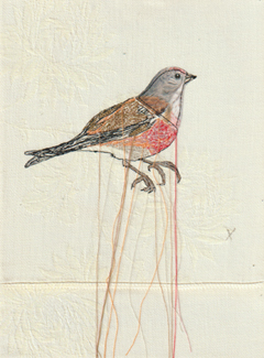 Judith Koning, Kneu, 125 euro, Gemengde techniek op vintage damast zonder lijst, 23x18 cm