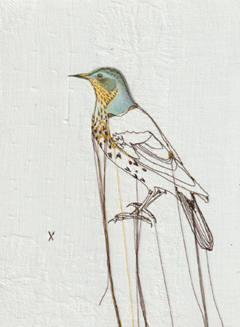 Judith Koning, Kraanvogel, 125 euro, Gemengde techniek op vintage damast zonder lijst, 23x18 cm