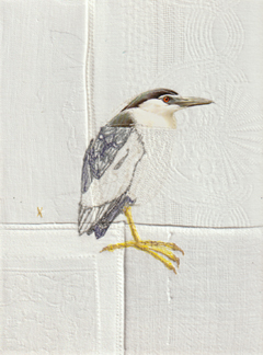 Judith Koning, Kwak, 125 euro, Gemengde techniek op vintage damast zonder lijst, 23x18 cm