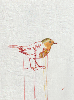 Judith Koning, Roodborst, 125 euro, Gemengde techniek op vintage damast zonder lijst, 23x18 cm