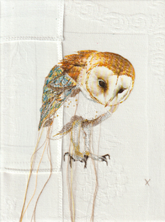Judith Koning, Kerkuil, 175 euro, Mixed media met vintage vogelboek en damast zonder lijst, 24x18 cm