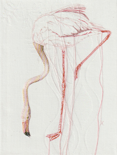 Judith Koning, Flamingo , 125 euro, Mixed media met vintage vogelboek en damast zonder lijst, 24x18 cm