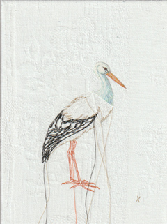 Judith Koning, ooievaar , 125 euro, Mixed media met vintage vogelboek en damast zonder lijst, 24x18 cm