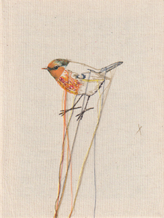 Judith Koning, Roodborstje 1, 125 euro, Gemengde techniek op doek zonder ljist, 24x18 cm