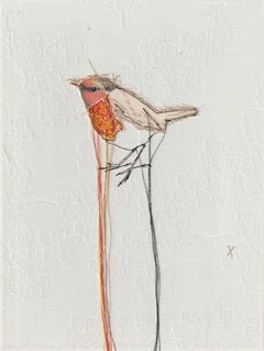 Judith Koning, Roodborstje 4, 125 euro, Gemengde techniek op vintage damast zonder ljist, 24x18 cm