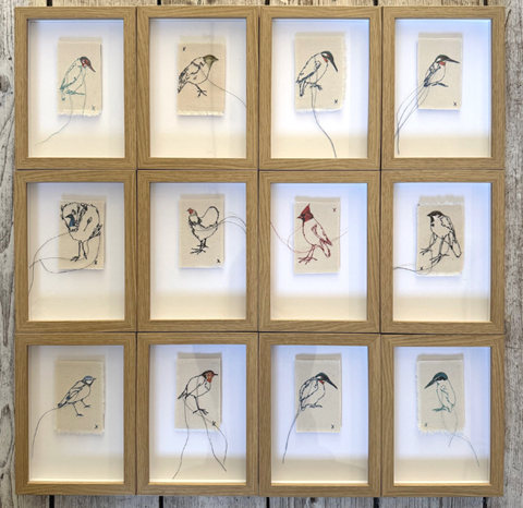 Judith Koning, Mini vogels, 65 euro, Gemengde techniek op linnen in baklijstje, 20x15x3 cm incl lijst