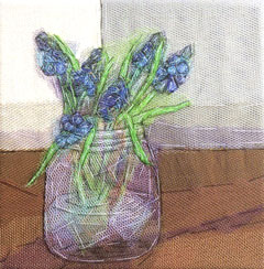 Nicole Ladrak, Blauwe druifjes in glazen pot, Textiel, 20x20 cm, €.120,-