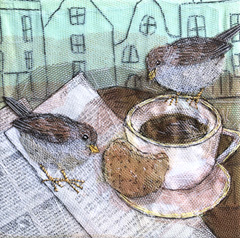 Nicole Ladrak, Birds in the city, Textiel, 20x20 cm, €.120,-