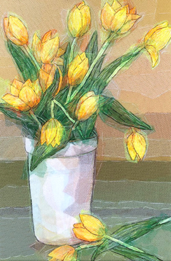 Nicole Ladrak, Gele Tulpen, Textiel, 45x30 cm, €.250,-