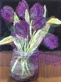 Nicole Ladrak, Paarse Tulpen 1371, 120 euro, Textiel zonder lijst, 24x18 cm