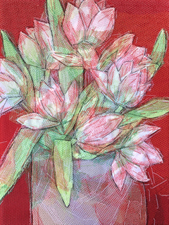 Nicole Ladrak, Tulpen roze 1374, 120 euro, Textiel zonder lijst, 24x18 cm
