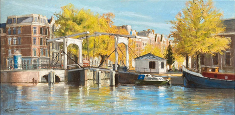 Richard van Menvoort, Brug over Nieuwe Herengracht/Amstel, Olieverf op doek in baklijst, 40x80 cm