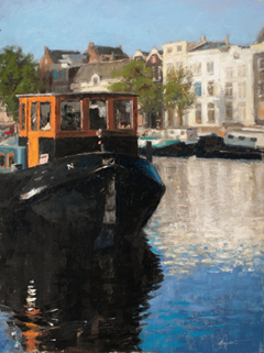 Richard van Mensvoort, Woonschip Amsterdam, 3250 euro, Olieverf op paneel in zwarte lijst, 80x60 cm