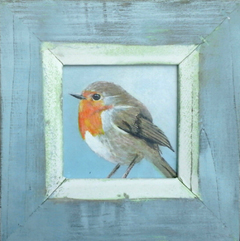 Liesbet Milort, Roodborst blauw, Acryl op paneel, 19x19 cm in oude lijst (werkje 9x9 cm), €.125,-
