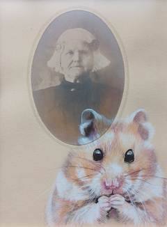 Liesbet Milort, Hamsteren, 145 euro, Potlood op oude foto in vintage lijst, 29x25 cm