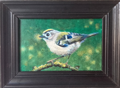 Liebet Milort, Goudhaan in het groen, 175 euro, Acryl op paneel in vintage lijstje, 18x13 cm