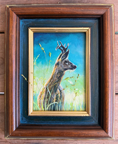 Liesbet Milort, Sunset Deer, 195 euro, Gemengde techniek in vintage lijstje, 23x19 cm